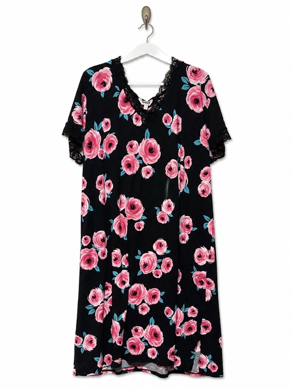 Secret Treasures Black Pink Rose Floral Lace Trim V-Neck Nightgown Sleep Shirt X